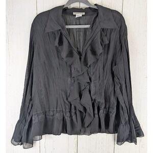 Notations Size Large Black Collared Ruffle Front Long Sleeve Semi Sheer Blouse